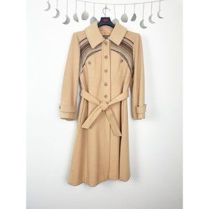 Vintage Woman's Sz 12 Camel Colored Belted Wool Coat w/ Brown Stripe Detail